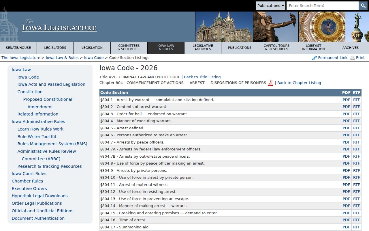 Bremer County arrest warrant law in Iowa Code chapter 804
